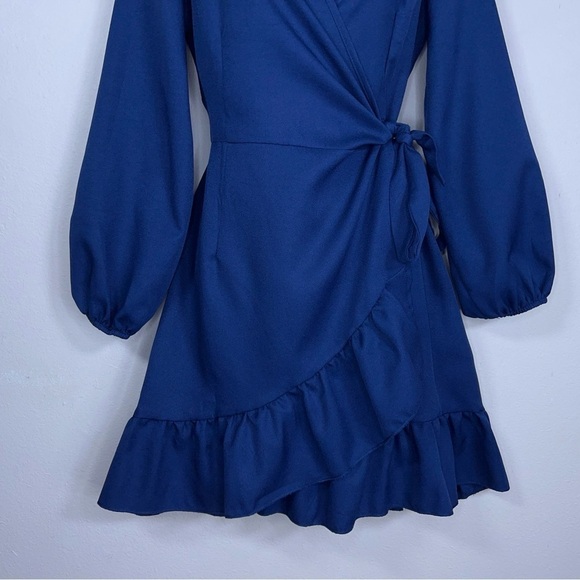 SMALL NAGOO NAVY BLUE WRAP DRESS RUFFLE ACCENT TIE CLOSURE - Picture 4 of 13